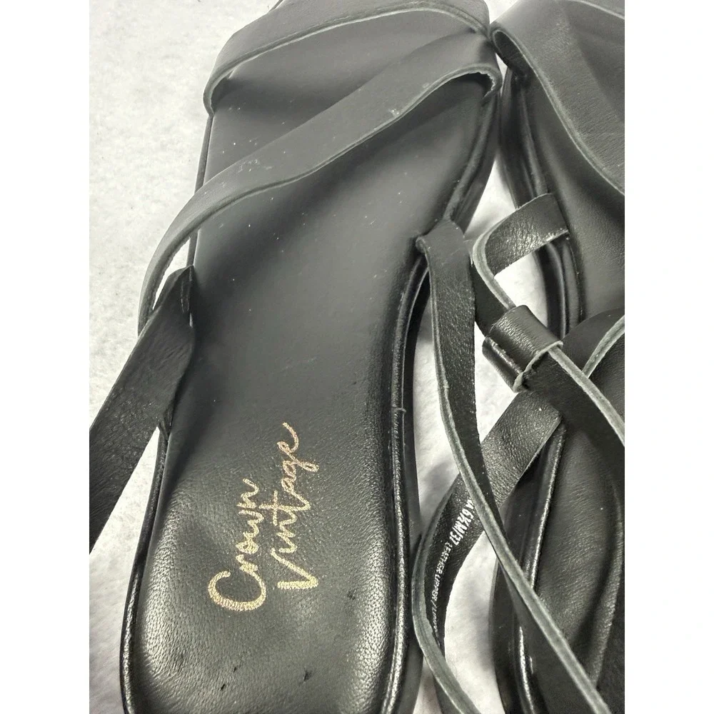 Crown Vintage Women's Elina's, Ankle Strap Black Leather Sandals, Size 6.5